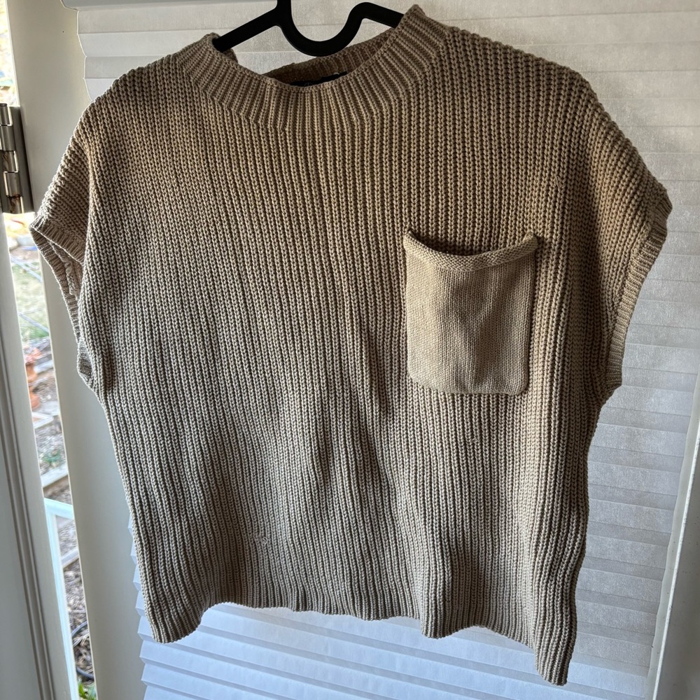 Lillisory Tan Knit Short Sleeve Sweater with Pocket
